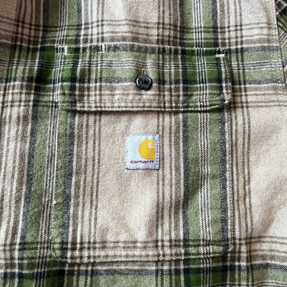 Carhartt Loose Fit Heavyweight Flannel Shirt Men’s L Plaid Khaki Green Workwear - Picture 2 of 7